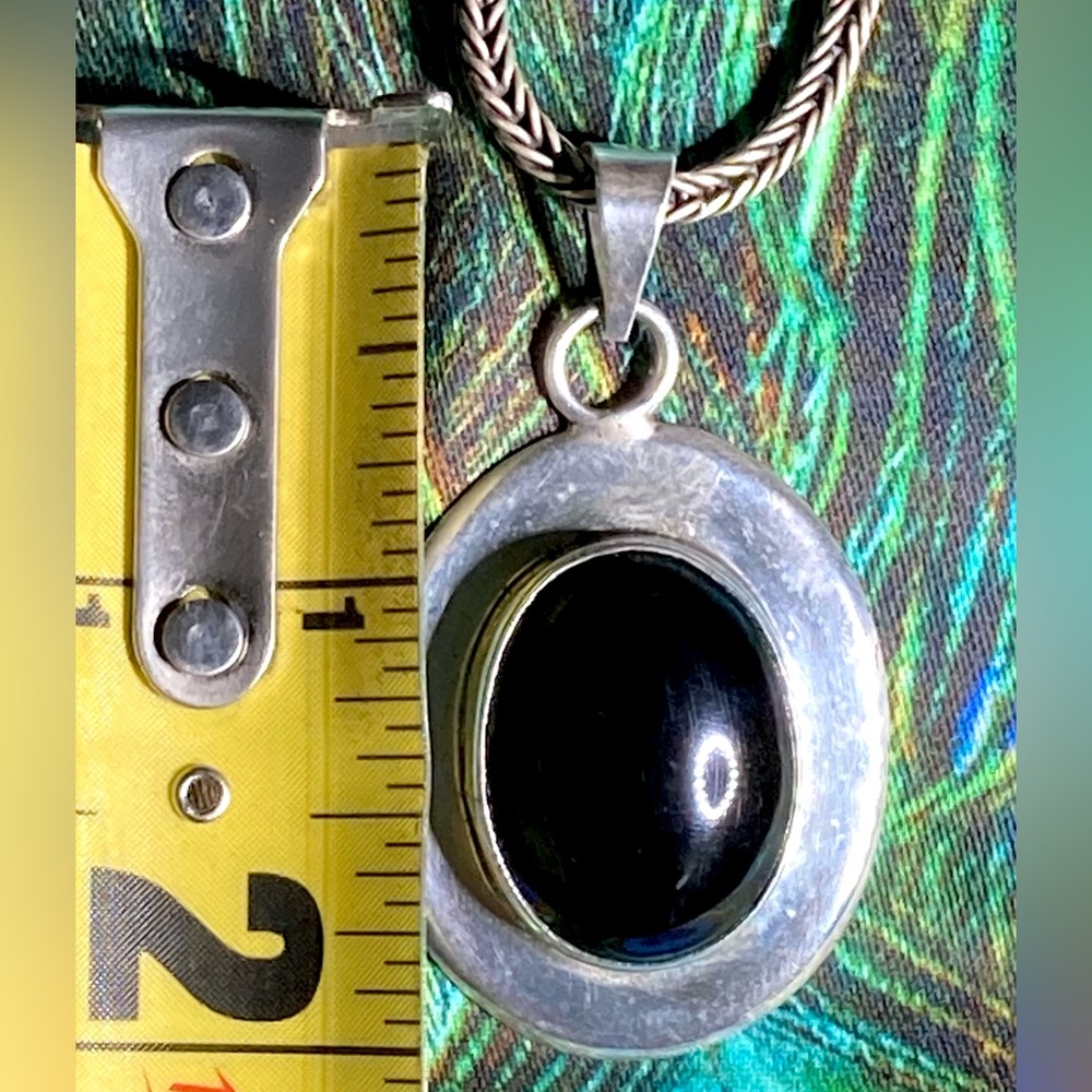Large Sterling Silver Vintage Onyx Pendant  ATI MEXICO Thick Heavy Silver Chain